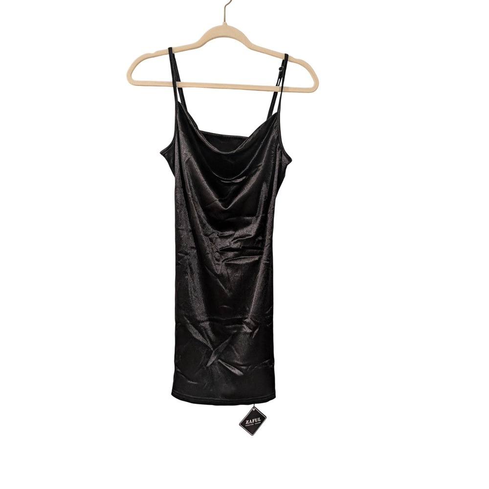 NWT Zaful Mini Slip Dress Womens S Black Cowl Neck Tie Back Satin Feel Bodycon